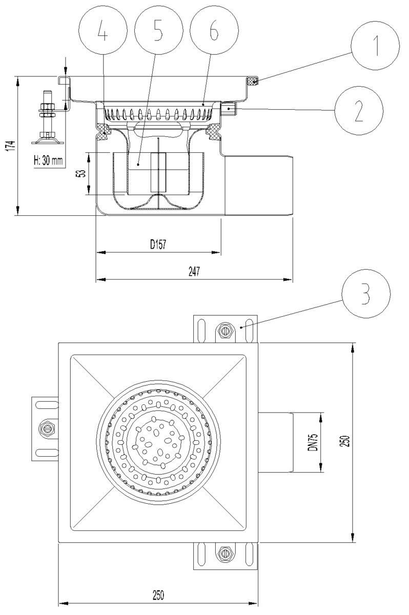 EG408025 Esquema técnico del sumidero industrial EG FIJO, fabricado en acero inoxidable AISI304, de dimensiones L250 A250 H175 fondo Ø157, salida horizontal DN75, con sifón y cestillo.