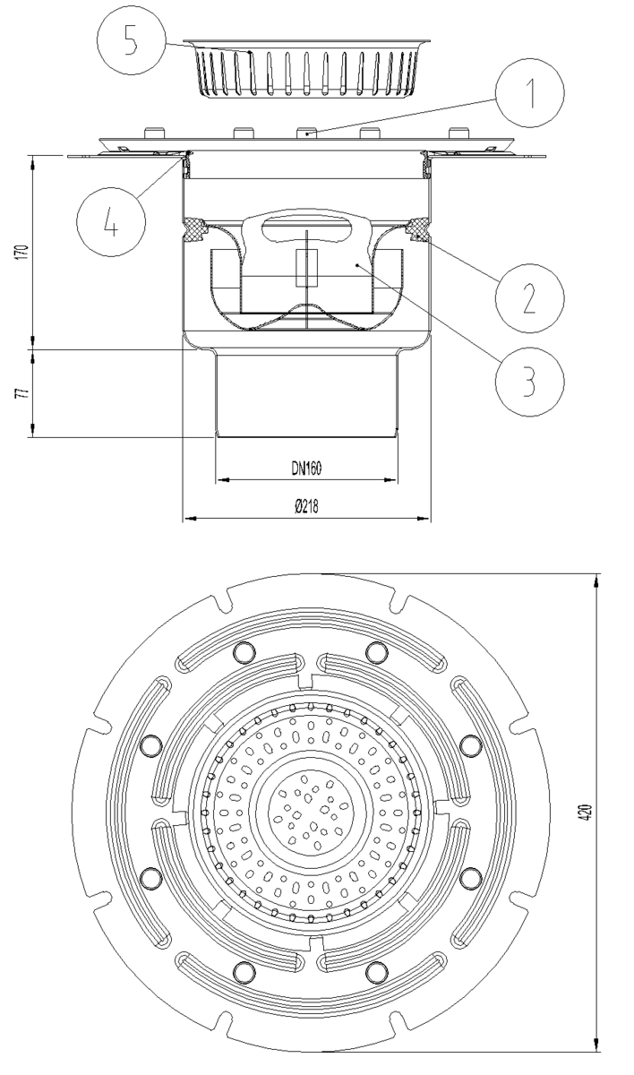 Esquema técnico do corpo de ralo industrial EG TELESCOPICO, fabricado em acero inoxidável AISI304, de dimensões Ø418 H244 fundo Ø218, com aro para fixação mecânica de tela, saída vertical DN160, com sifão e cesto.