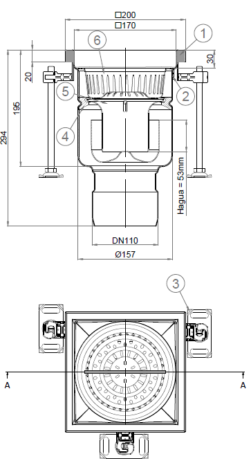 EG445556_2D Esquema en formato .png del conjunto sumidero higiénico ACO EG 200x200 cuadrado en acero inoxidable AISI304 con relleno del ala de PUR, fondo Ø157 con salida vertical DN110. Incluye cestillo. Caudal: 3,5l/s.