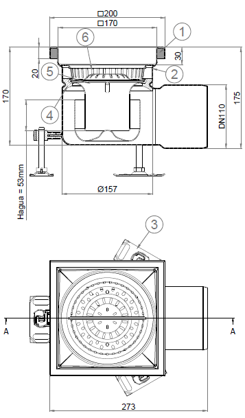 EG445557_2D Esquema en formato .png del conjunto sumidero higiénico ACO EG 200x200 cuadrado en acero inoxidable AISI304 con relleno del ala de PUR, fondo Ø157 con salida horizontal DN110. Incluye cestillo. Caudal: 3,5l/s.