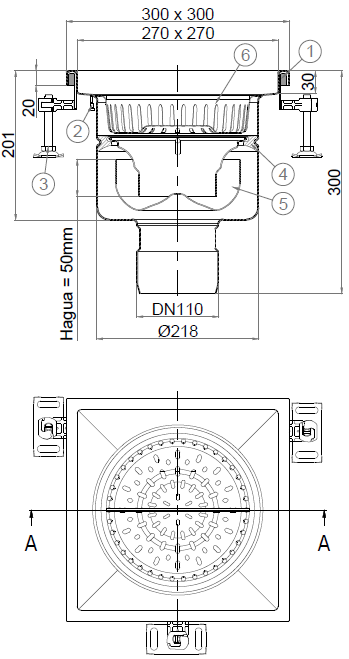 EG445559_2D Esquema 2D en formato .png del conjunto sumidero higiénico ACO EG 300x300 cuadrado en acero inoxidable AISI304 con relleno del ala de PUR, fondo Ø218 con salida vertical DN110. Incluye cestillo. Caudal: 5,5l/s.