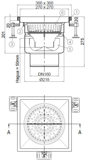 EG445560_2D Esquema en formato .png del conjunto sumidero higiénico ACO EG 300x300 cuadrado en acero inoxidable AISI304 con relleno del ala de PUR, fondo Ø218 con salida vertical DN160. Incluye cestillo. Caudal: 5,5l/s.