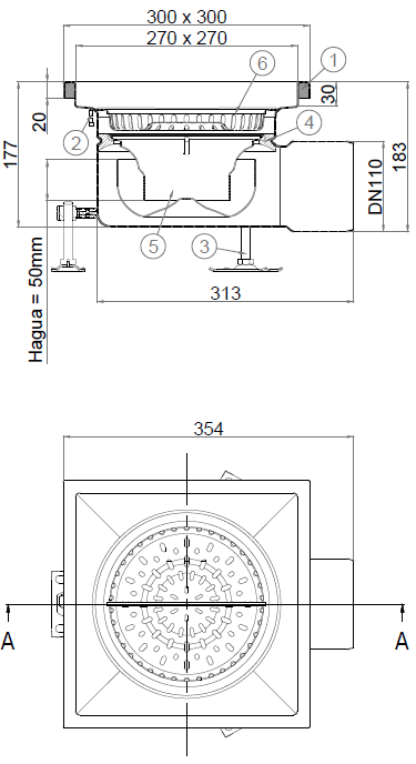 EG445561_2D Esquema en formato .png del conjunto sumidero higiénico ACO EG 300 redondo en acero inoxidable AISI304 con relleno del ala de PUR, fondo Ø218 con salida horizontal DN110. Incluye cestillo. Caudal: 4,4l/s.