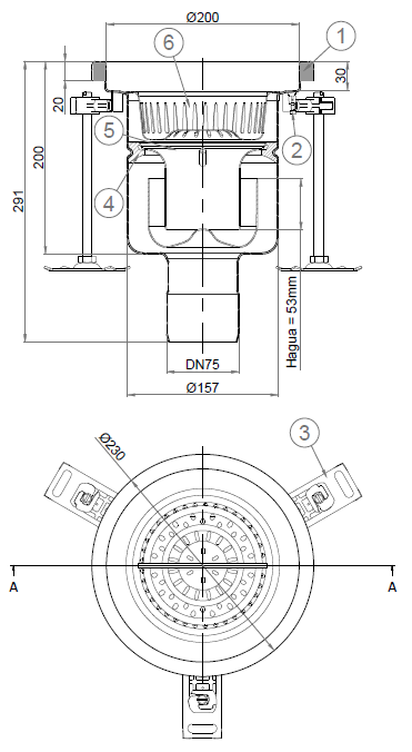 EG446735_EG446743_2D Esquema 2D em formato .png do conjunto ralo higiênico ACO EG Ø230 redondo em aço inoxidável AISI304 com enchimento da flange de PUR, fundo Ø157 com saída vertical DN75. Incluí cesto. Caudal: 2,7l/s.