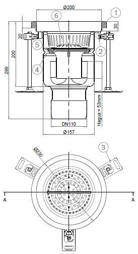 EG446737_2D Esquema en formato .png del conjunto sumidero higiénico ACO EG Ø230 redondo en acero inoxidable AISI304 con relleno del ala de PUR, fondo Ø157 con salida vertical DN110. Incluye cestillo. Caudal: 3,5l/s.