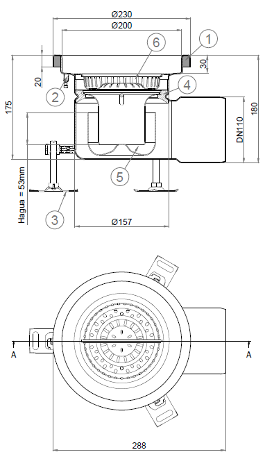 EG446741_2D Esquema en formato .png del conjunto sumidero higiénico ACO EG Ø230 redondo en acero inoxidable AISI304 con relleno del ala de PUR, fondo Ø157 con salida horizontal DN110. Incluye cestillo. Caudal: 2,8l/s.