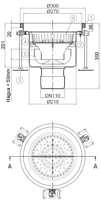 EG446753_2D Esquema 2D en formato .png del conjunto sumidero higiénico ACO EG Ø300 redondo en acero inoxidable AISI304 con relleno del ala de PUR, fondo Ø218 con salida vertical DN110. Incluye cestillo. Caudal: 5l/s.
