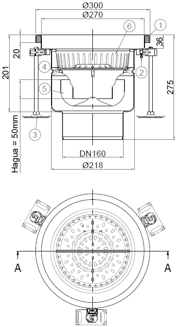 EG446755_2D Esquema en formato .png del conjunto sumidero higiénico ACO EG Ø300 redondo en acero inoxidable AISI304 con relleno del ala de PUR, fondo Ø218 con salida vertical DN160. Incluye cestillo. Caudal: 5l/s.