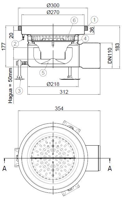 EG446757_2D Esquema en formato .png del conjunto sumidero higiénico ACO EG Ø300 redondo en acero inoxidable AISI304 con relleno del ala de PUR, fondo Ø218 con salida horizontal DN110. Incluye cestillo. Caudal: 4,4l/s.