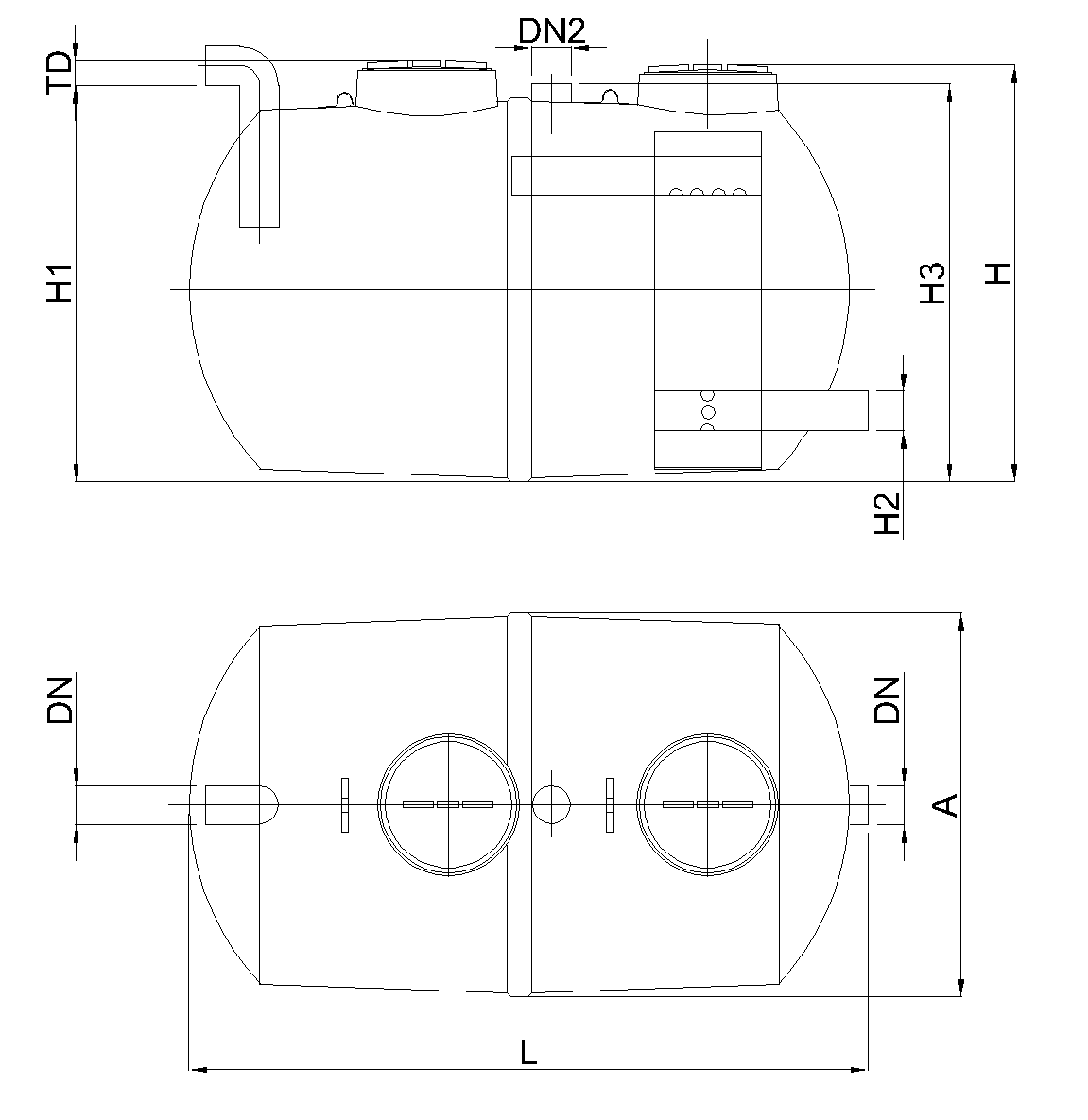 Esquema Fosa filtro 4-7 HE Fosa con filtro biológico con salida inferior. 4-7 habitantes equivalentes