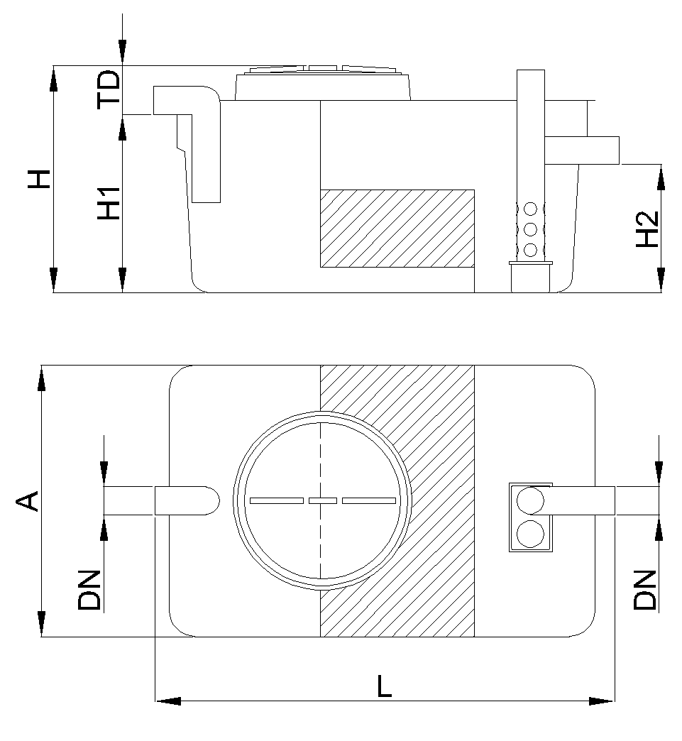Esquema SHCO Rectangular Esquema técnico separador hidrocarburos con coalescencia y obturación en formato rectangular, modelo SHCO.