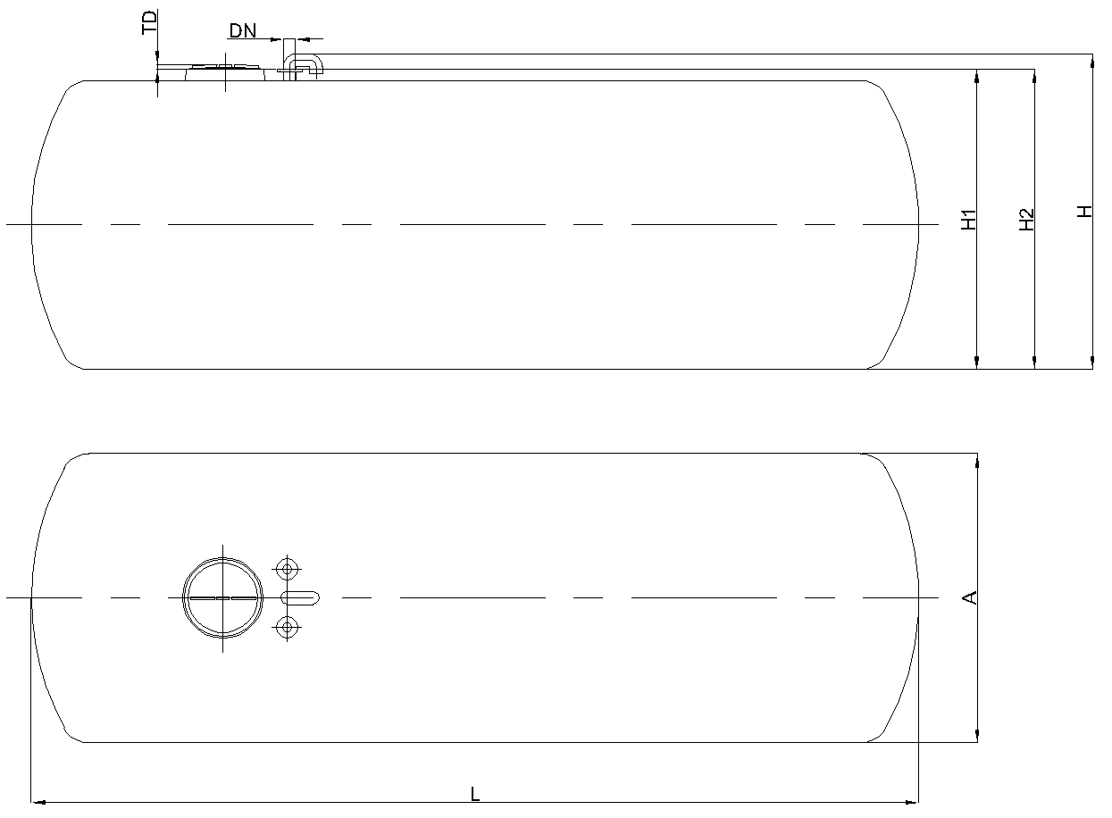 Esquema técnico CHE PACK 1 y 2 Esquema técnico Cisterna Horizontal de enterrar (CHE). PACK 1 y PACK 2.