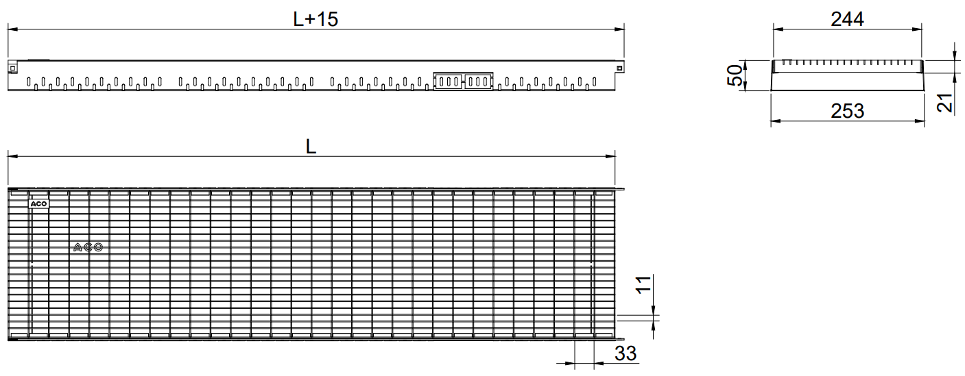 Greenline H50 ancho250_2D Esquema 2D del canal Greenline 250 H50 con reja tramex 33x11