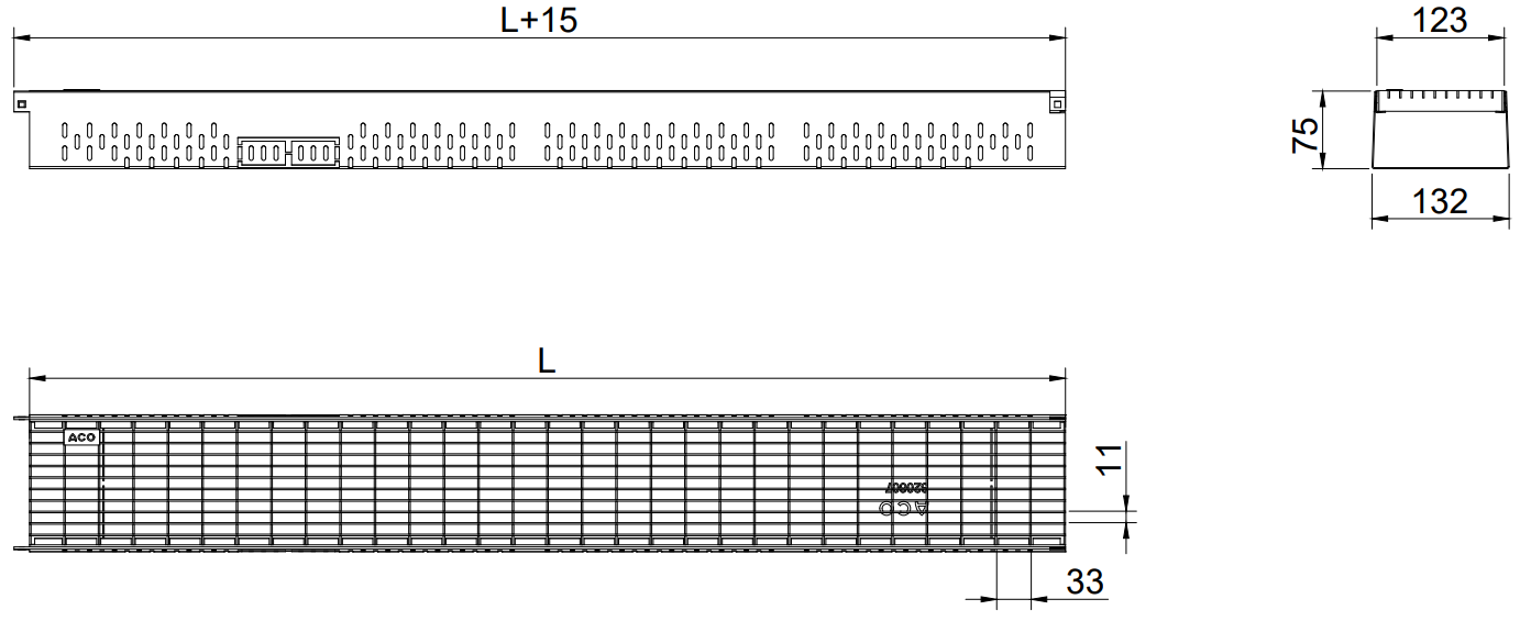 Greenline H75 ancho130_2D Esquema 2D del canal Greenline 3.0 H75 ancho 130 con reja tramex 33x11