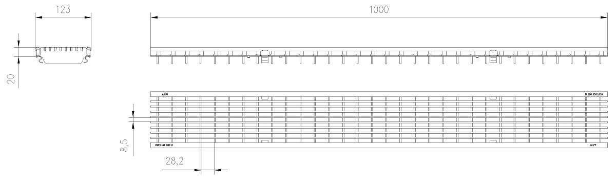 IBE_00132885_E Esquema Tecnico Grelha Entramada Q+ 30x10 L1000 D400 para Canais Xtradrain/Multidrain/Multiline/SealIn 100