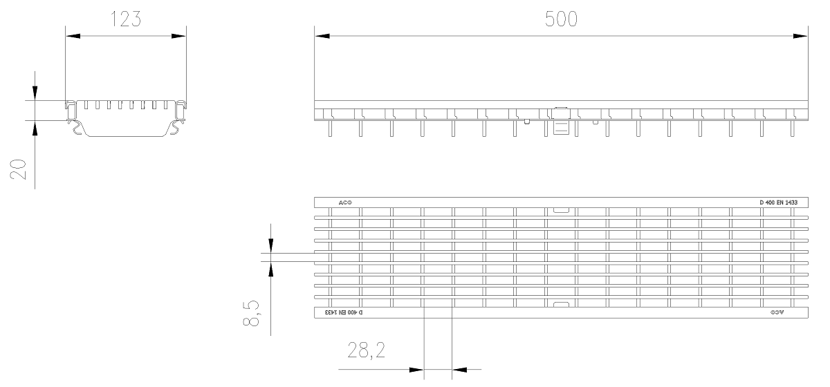 IBE_00132888_E Esquema Tecnico Reja Entramada Q+ 30x10 L500 D400 para Canales Xtradrain/Multidrain/Multiline/SealIn 100