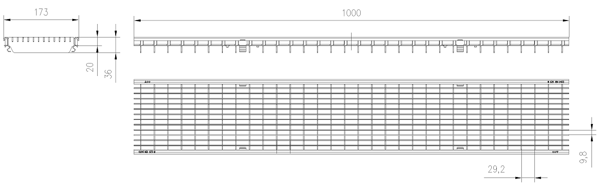 IBE_00133601 Esquema Tecnico Reja Entramada Q+ Antitacon 30x10 para Canales Xtradrain/Multidrain/Multiline/SealIn 150