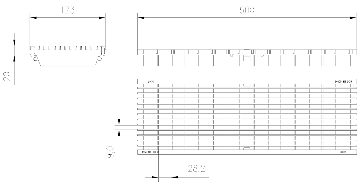IBE_00133610 Esquema Tecnico Reja Entramada Q+ 30x10 Antitacon para Canales Xtradrain/Multidrain/Multiline/SealIn 150