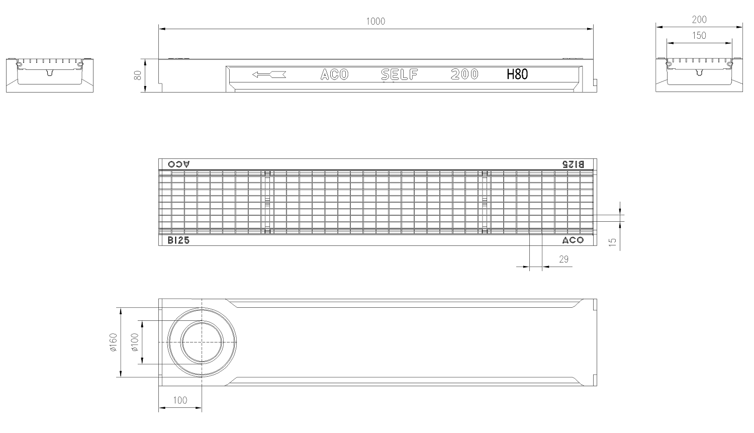 IBE_C0150025_E Esquema Técnico Canal Self200 con Reja Entramada 30x10 Fijacion Springlock