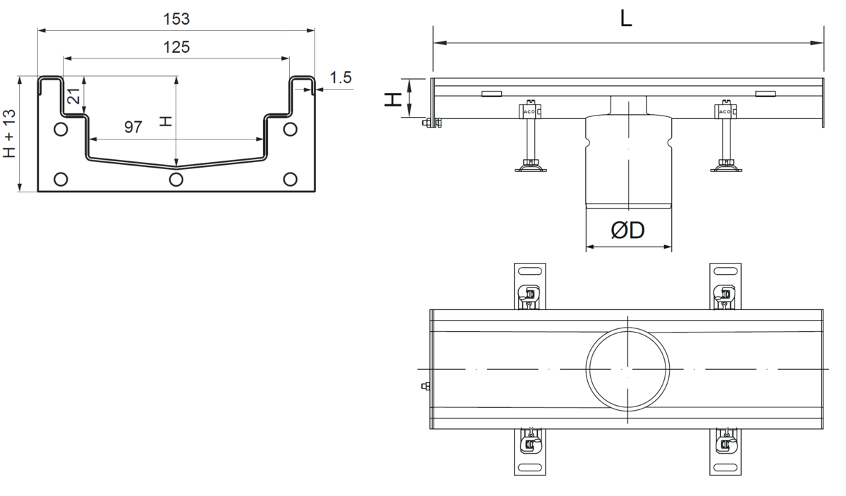 M0105191 Esquema técnico del canal Modular 125 L500 H63 de altura interior H50 en acero inoxidable AISI304 on salida central DN/OD 110