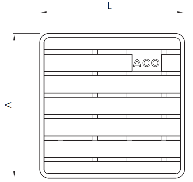 RJ EG BAR AD Esquema técnico general de la reja para sumidero EG, reja de barras antideslizantes en acero inoxidable AISI304 de dimensiones LLvar Avar sin sistema de fijación.