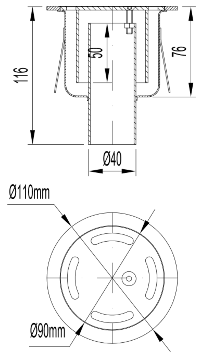 S0004763 Esquema técnico del sumidero SELECT, fabricado en acero inoxidable AISI304, de dimensiones Ø110 H116, salida vertical DN40, con sifón, con reja ranurada con fijación carga peatonal.