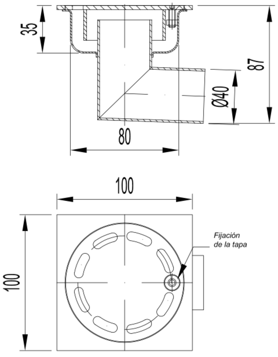 S0403926 Esquema técnico del sumidero SELECT, fabricado en acero inoxidable AISI304, de dimensiones L100 A100 H87, salida horizontal DN40, con sifón, con reja ranurada con fijación carga peatonal.
