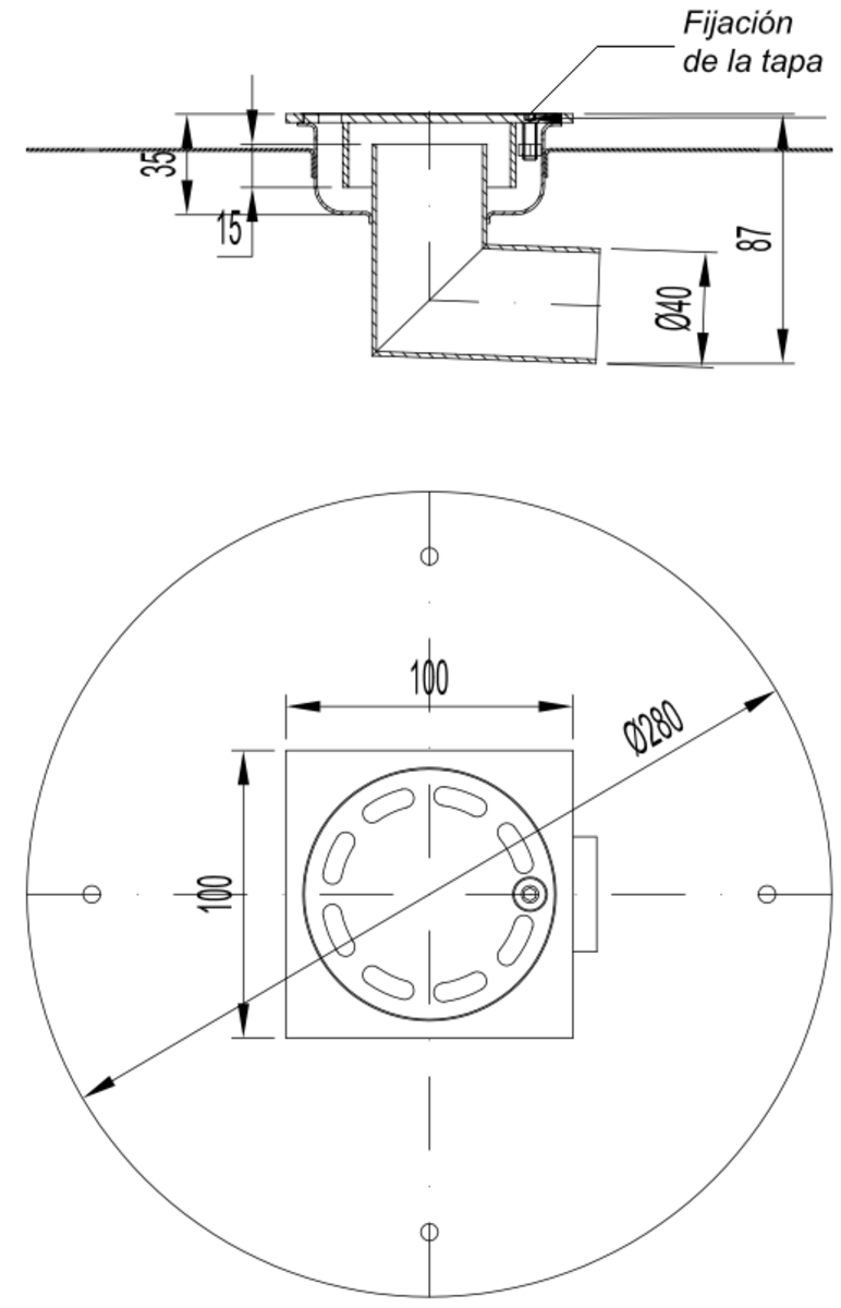 S0403929 Esquema técnico do sumidouro SELECT, fabricado em aço inoxidável AISI304, de dimensões L100 A100 H87 com aro para impermeabilização líquida, saída horizontal DN40, com sifão, com grelha slot som fixação carga pedonal.