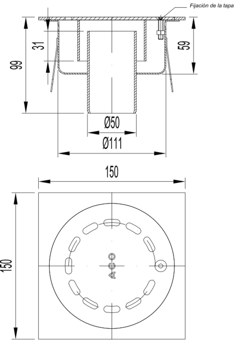 S0405716 Esquema técnico del sumidero SELECT, fabricado en acero inoxidable AISI304, de dimensiones L150 A150 H99, salida vertical DN50, con sifón, con reja ranurada con fijación carga peatonal.