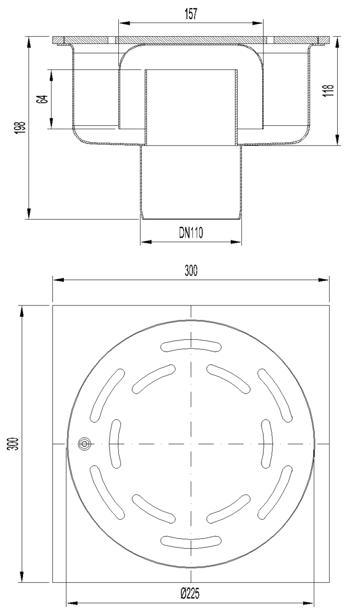 Esquema técnico del sumidero industrial SELECT 300, fabricado en acero inoxidable AISI304, de dimensiones L300 A300 H198 fondo Ø257, salida vertical DN110, con sifón, con reja renurada para una carga 40kN.