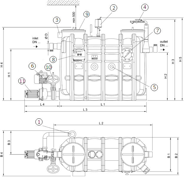 SEPG LIPUJET-P-OMP Esquema técnico generico del separador de grasas aéreo LIPUJET-P-OMP de polietileno de alta densidad (HDPE), ovalado, extension manual con bomba de residuos (MP).