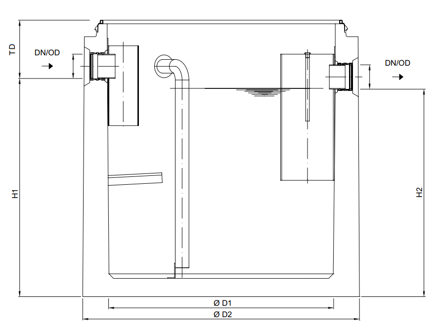 SEPG LIPUMAX-C-D FST Esquema técnico general do separador de gorduras enterrado LIPUMAX-C-D FST de hormigón armado, extensión con tubo de succión (D).