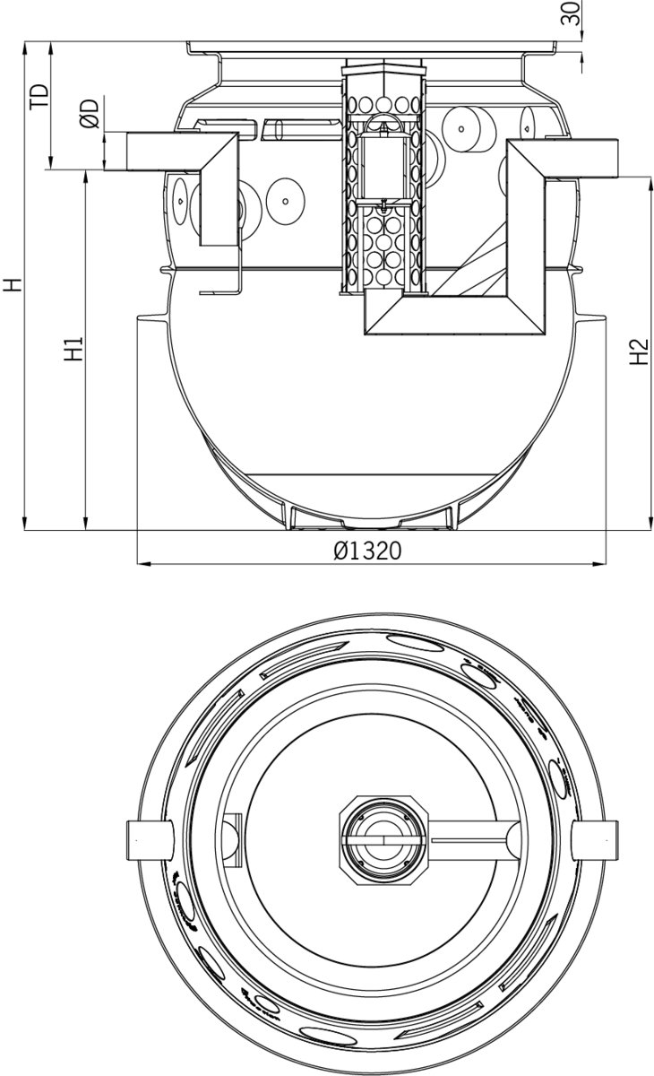 Esquema técnico general del separador de hidrocarburos enterrado OLEOPATOR-P FST de polietileno de alta densidad (HDPE), vertical.