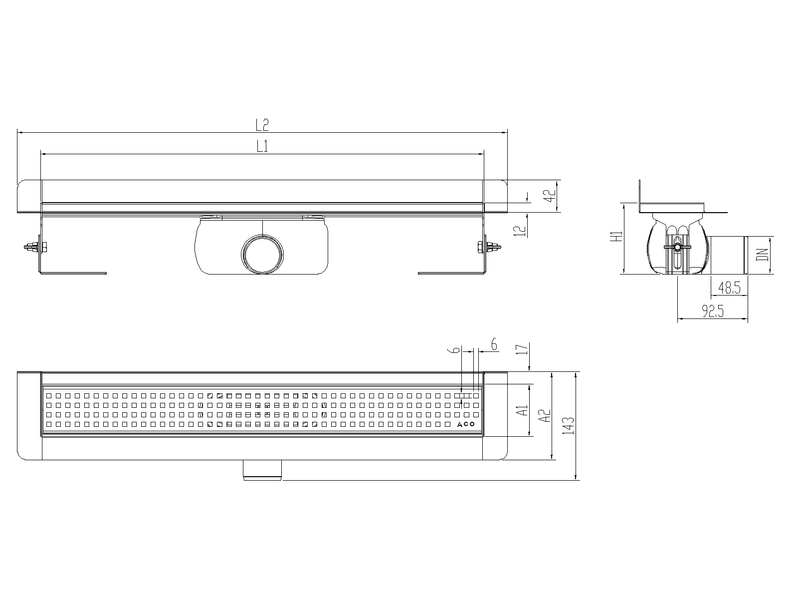 Esquema técnico canal Showerdrain -C 2.0 rear flange S/H DN50 H:92-140mm com sifão de 50mm e grelha QUADRATO sem tela CD000155 // CD000156 // CD000157 // CD000158 // CD000159 // CD000160 // CD000161