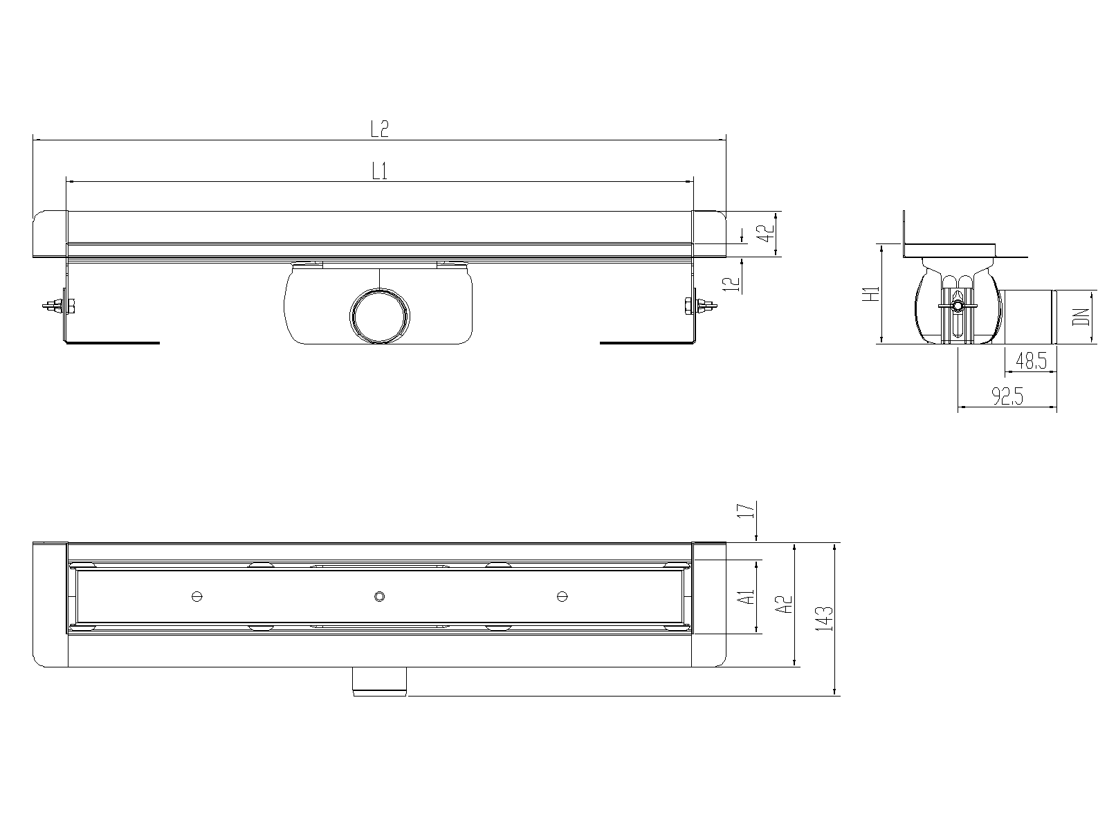 SHOWERDRAIN-C 2.0 C_MARCO TRAS SH DN50 H92 C_RJ TILE S_TELA Esquema técnico canal Showerdrain -C 2.0 con marco trasero S/H DN50 H:92-140mm con sifon de 50mm y reja RELLENABLE sin tela CD000379 // CD000380 // CD000381 // CD000382 // CD000383 // CD000384 // CD000385
