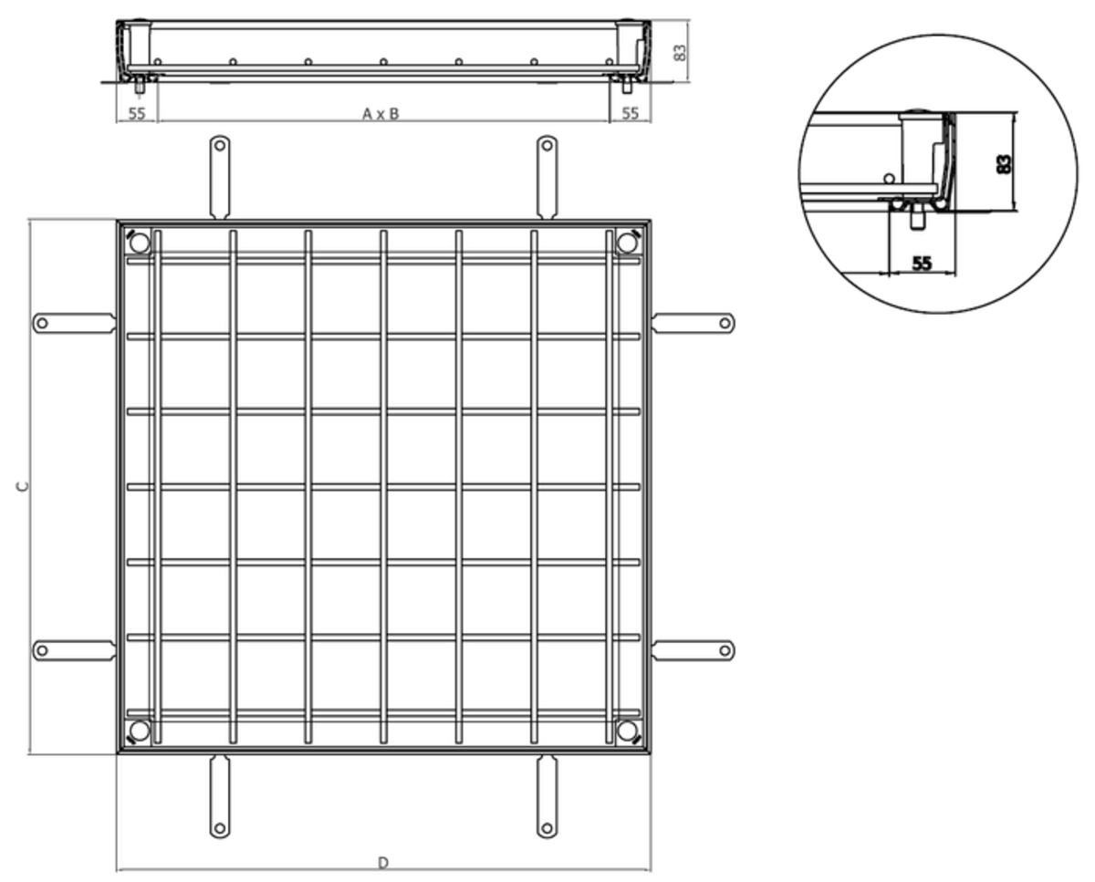 TP TOPTEK RE 2.0 NASIST AISI304 Esquema técnico de la tapa de registro rellenable TOPTEK en acero inoxidable