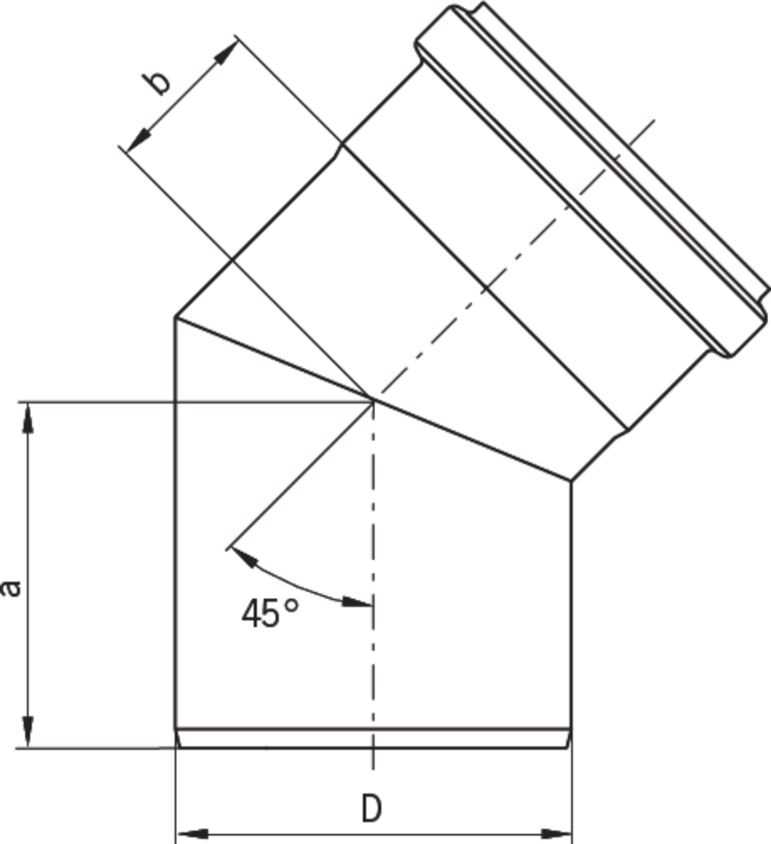 TUB PIPE CODO 45º DN125-250 Esquema técnico general del codo de la tubería PIPE, codo a 45º de DN125/250 fabricado en acero inoxidable.