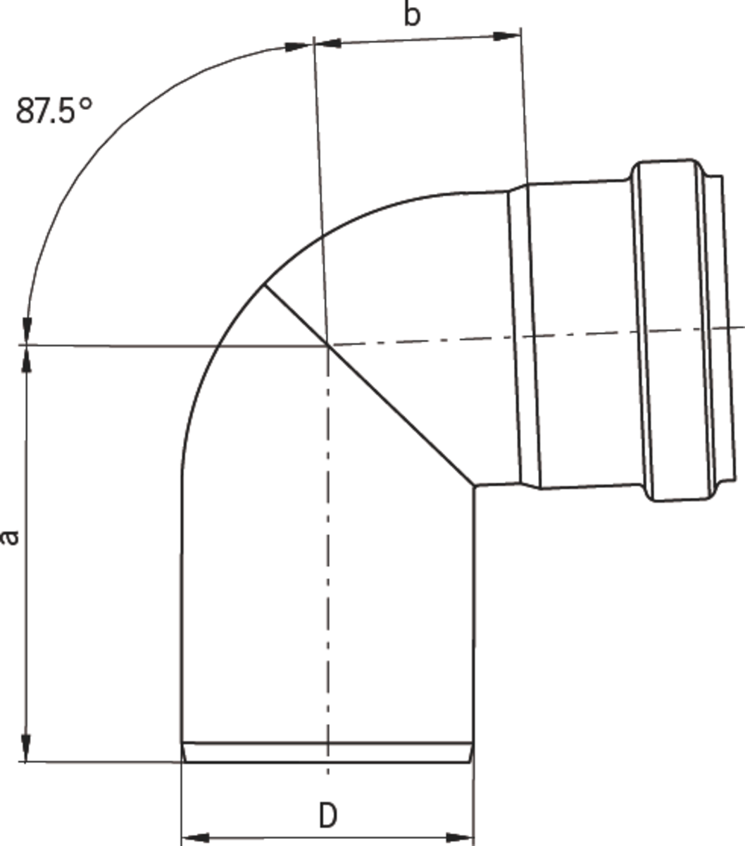 TUB PIPE CODO 87.5º DN50-160 Esquema técnico general del codo de la tubería PIPE, codo a 87,5º de DN50/160 fabricado en acero inoxidable.