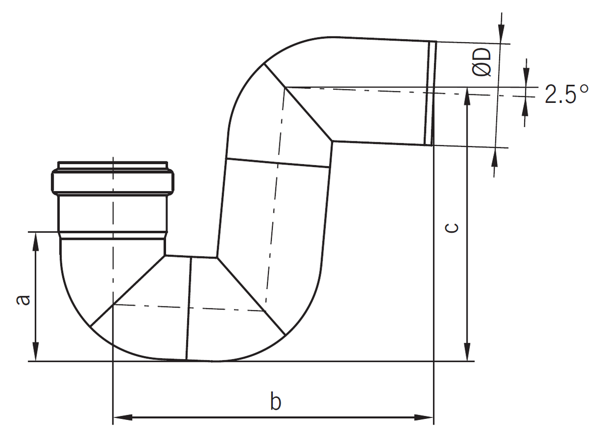 TUB PIPE SIFON Esquema técnico general del sifón de la tubería PIPE, fabricado en acero inoxidable.