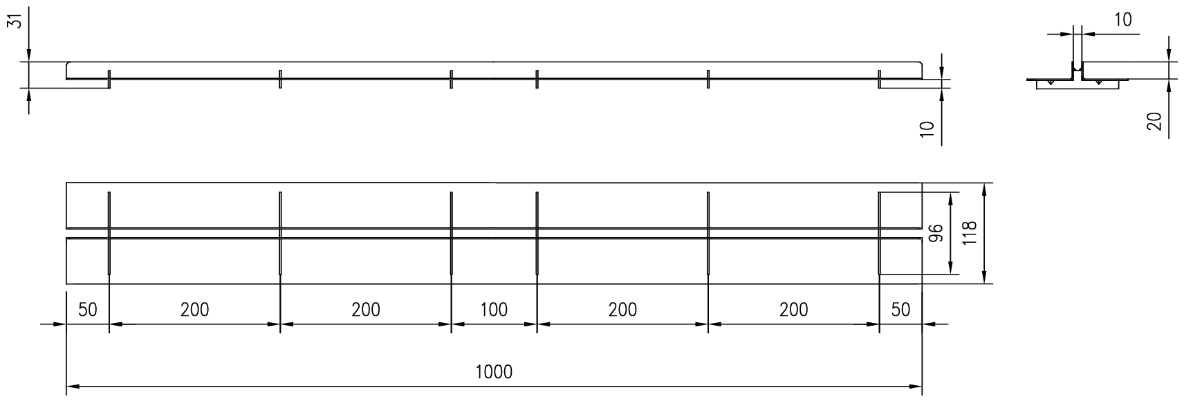 Z0400800 Esquema técnico de la reja para canal SELF 100, reja brickslot T H20 en acero galvanizado de dimensiones L1000 A118 H21 sin sistema de fijación, clase de carga A15.