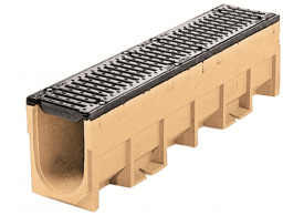 Render do conjunto de canal S150 L1000 H270 em betão polímero com pré-marca para saída vertical DN/OD 160 e grelha passarela em fundição F900 com sistema de fixação por parafusos