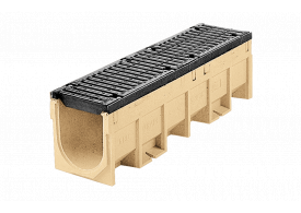 Render do conjunto de canal S200 L1000 H290 em betão polímero com pré-marca para saída vertical DN/OD 160 e grelha passarela em fundição F900 com sistema de fixação por parafusos
