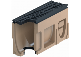 Render del canal registro MONOBLOCK RD100V 0.2 L500 H275 de hormigón polímero con reja pasarela de fundicón F900, sistema de fijación Drainlock, preformas laterales rompibles L-T-X y junta labiolaberíntica