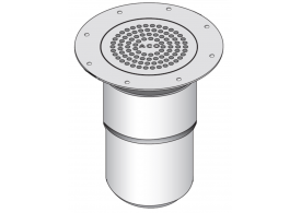 Render do sumidouro EG150 TELESCOPICO, fabricado em aço inoxidável AISI304, de dimensões Ø225 H249 com aro para fixação mecânica de tela, saída vertical DN100, com sifão, com grelha perfurada com fixação classe de carga K3.