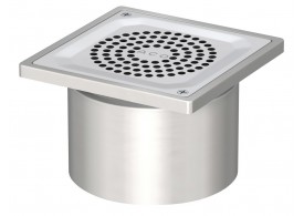 Render do sumidouro EG150 FIXO, fabricado em aço inoxidável AISI304, de dimensões L150 A150 H105, saída vertical DN110, com sifão, com grelha perfurada com fixação classe de carga K3.