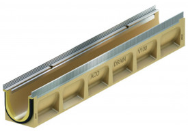 Render del canal MULTILINE SEAL IN V100 0.0 L1000 H150 de hormigón polímero sin reja, sistema de fijación Drainlock con bastidor enacero galvanizado