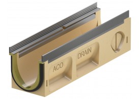 Render do canal MULTILINE SEAL IN V100 0.1 L500 H150 em betão polímerico sem grelha, sistema de fixação Drainlock com bastidor em aço galvanizado e pré-formas laterais quebráveis L-T-X