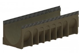 Render del canal MULTIDRAIN 300 L1000 H300 de hormigón polímero sin reja, sistema de fijación Drainlock y premarca rompible vertical DN/OD 160