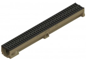 Render del conjunto de canal SELF 100 L1000 H95 en hormigon polímero con premarca para salida vertical DN/OD 110 y reja pasarela en composite plástico negro A15 con sistema de fijación por clip