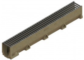 Render do conjunto de canal SELF 100 L1000 H95 em betão polímero com pré-marca para saída vertical DN/OD 110 e grelha passarela em aço galvanizado A15 com sistema de fixação por clip